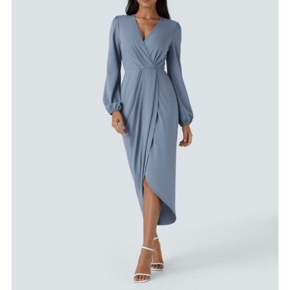 Halara V Neck Long Sleeve Tulip Hem Midi Dress Sz Medium Blue Womens - Picture 1 of 16